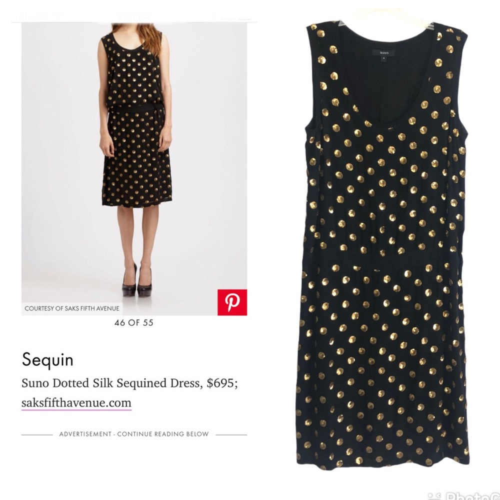 SUNO 100% Silk Black Dress w/ Gold Sequin Circles size 4